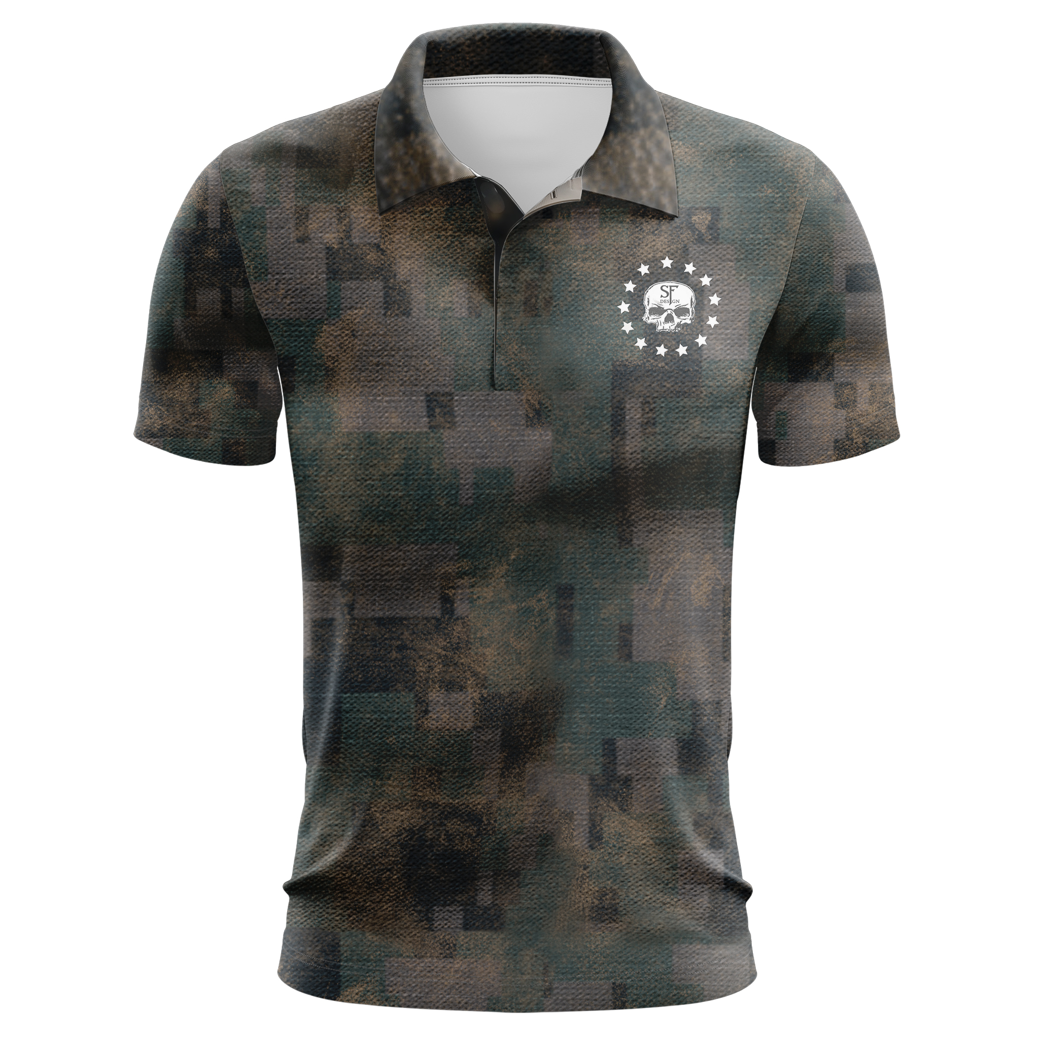 Exclusive Mockups for Branding and Packaging Design Woodland Camo Polo Shirt with Skull and Stars – Made in USA - Image 1