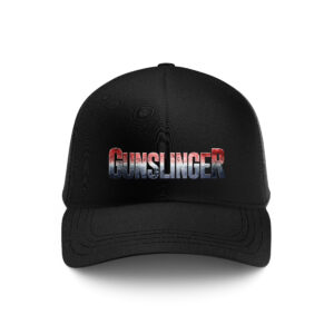GUNSLINGER Trucker Hat – Red, White & Blue Distressed Text | Black | MADE IN USA