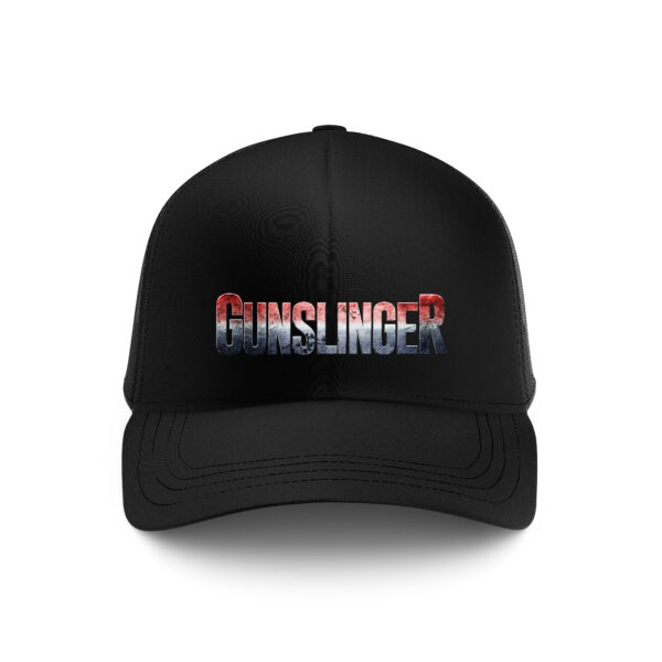 GUNSLINGER Trucker Hat – Red, White & Blue Distressed Text | Black | MADE IN USA - Image 1