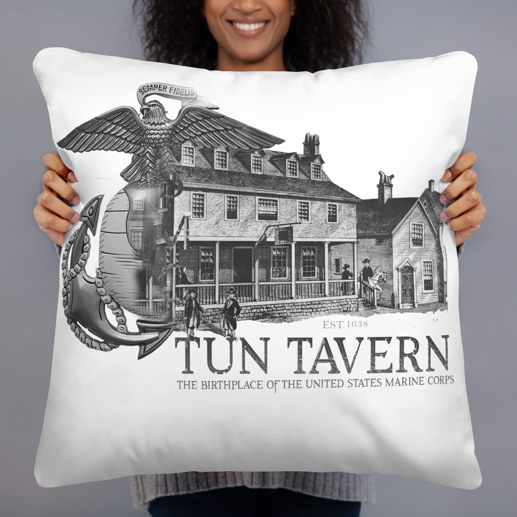all-over-print-basic-pillow-22x22-front-690280fb8d85a.jpg Tun Tavern USMC EGA Pillow - Image 1