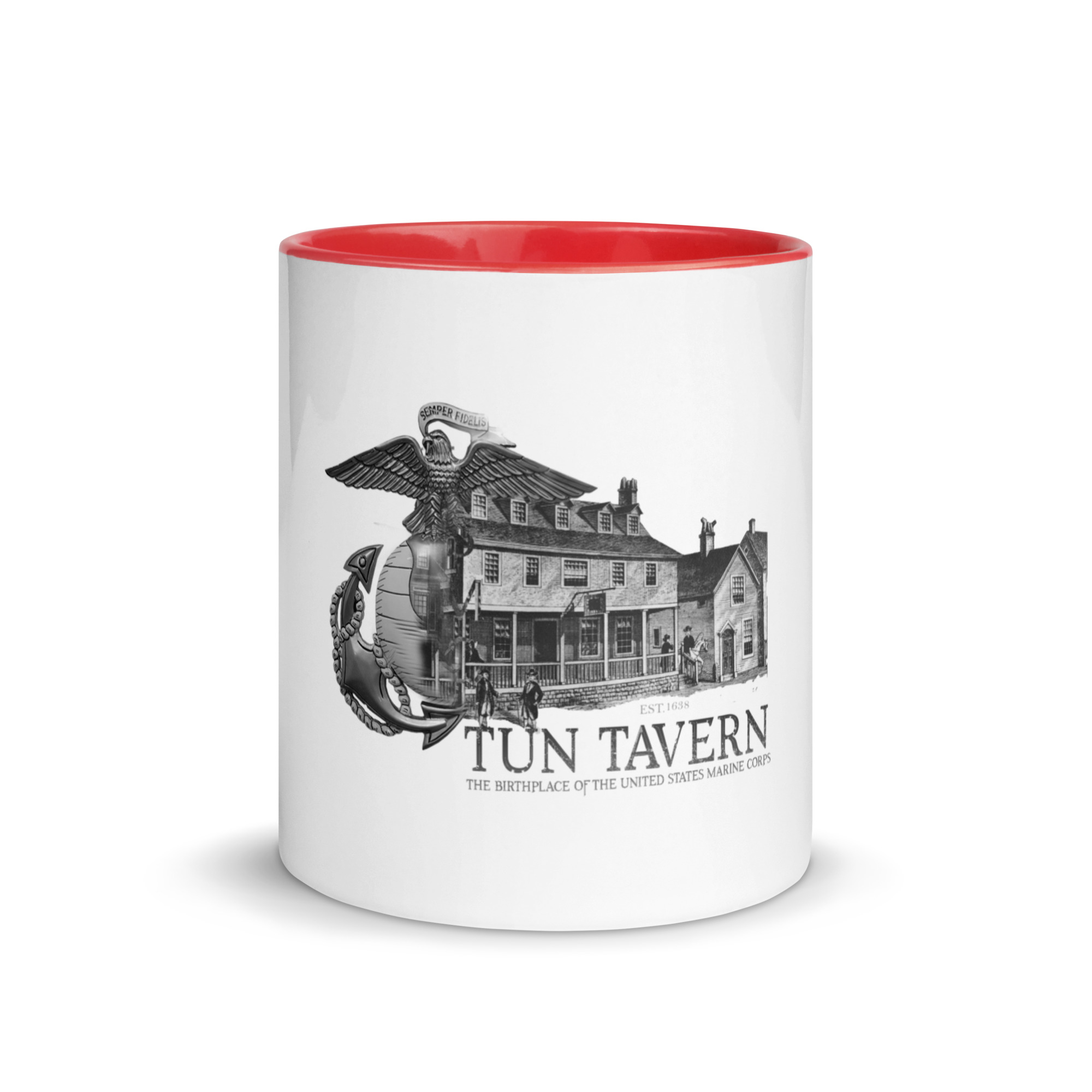 white-ceramic-mug-with-color-inside-red-11-oz-front-690280128e842.jpg Tun Tavern USMC Mug with Color Inside - Image 1